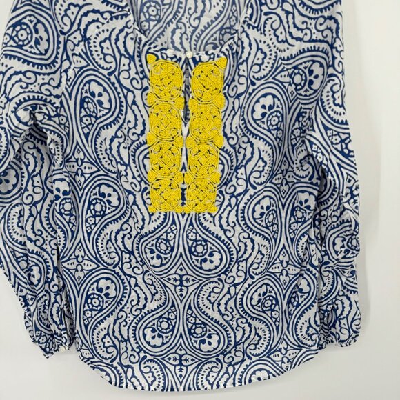 Talbots Long Sleeve Blouse blue pattern Yellow Beaded Embellishment size medium - Picture 3 of 11